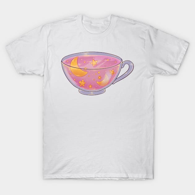 Soft pink night tea cup sticker on black background T-Shirt by Itsacuteart